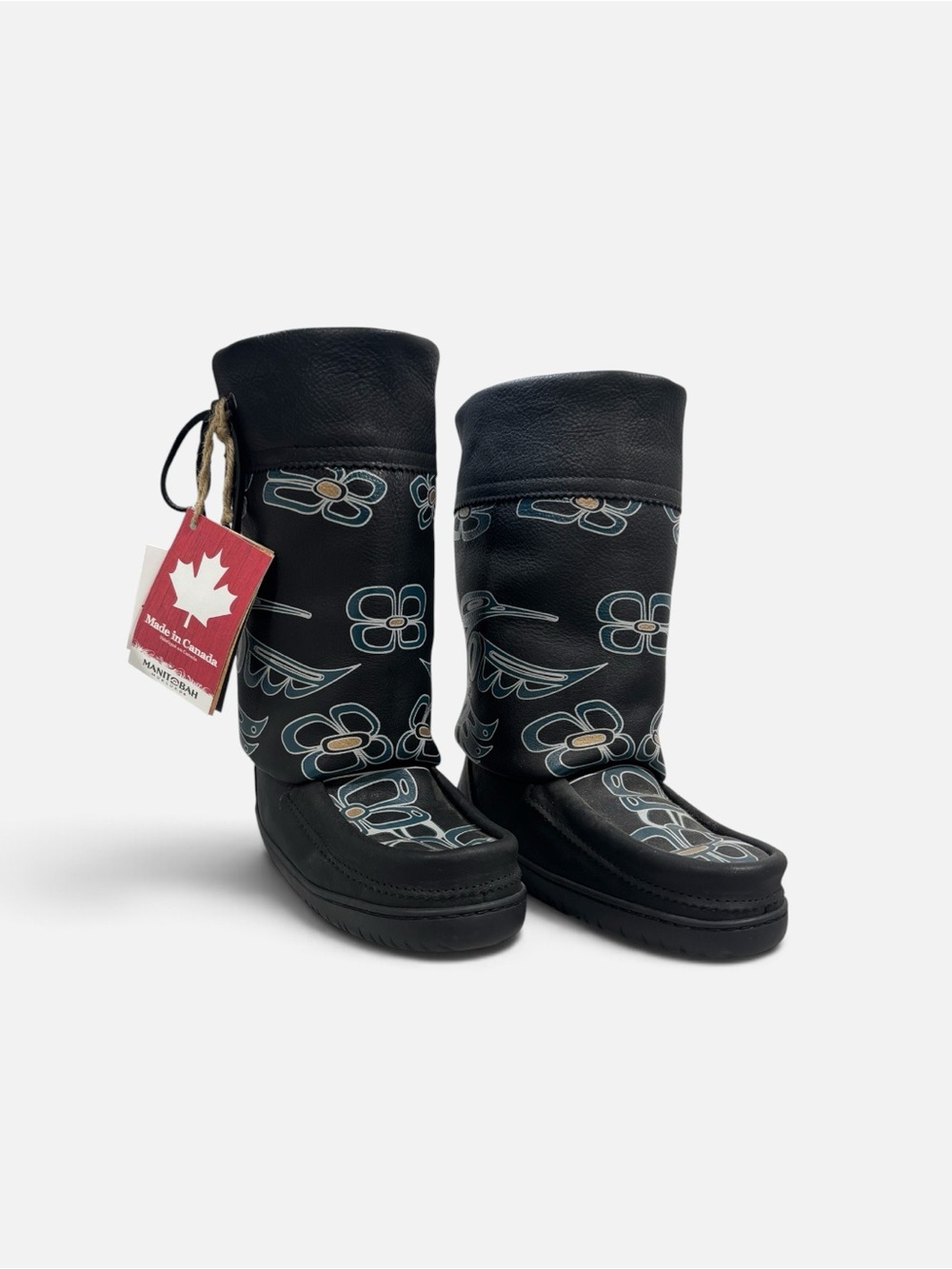 Black Manitobah Mukluk Boots with Heminbird & Flower Silver Accent